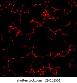 Vector illustration of an abstract plexus structure forming a geometric pattern on a black background. Network connection between dots and lines