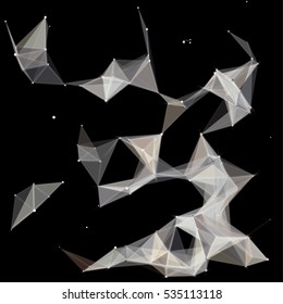 Vector illustration of an abstract plexus structure forming a geometric pattern on a black background. Network connection between dots and lines. Randomly distributed triangles of different sizes