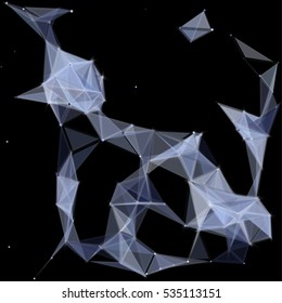 Vector illustration of an abstract plexus structure forming a geometric pattern on a black background. Network connection between dots and lines. Randomly distributed triangles of different sizes
