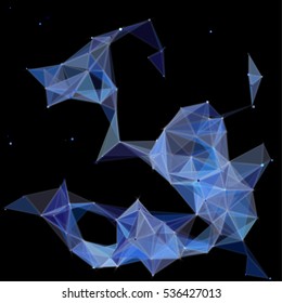 Vector illustration of an abstract plexus structure forming a geometric pattern on a black background. Network connection between dots and lines. Randomly distributed triangles of different sizes