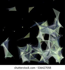 Vector illustration of an abstract plexus structure forming a geometric pattern on a black background. Network connection between dots and lines. Randomly distributed triangles of different sizes