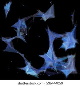 Vector illustration of an abstract plexus structure forming a geometric pattern on a black background. Network connection between dots and lines. Randomly distributed triangles of different sizes