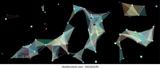 Vector illustration of an abstract plexus structure forming a geometric pattern on a black background. Network connection between dots and lines. Randomly distributed triangles of different sizes
