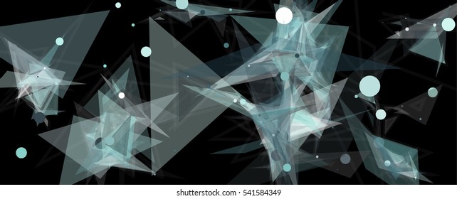 Vector illustration of an abstract plexus structure forming a geometric pattern on a black background. Network connection between dots and lines. Randomly distributed triangles of different sizes