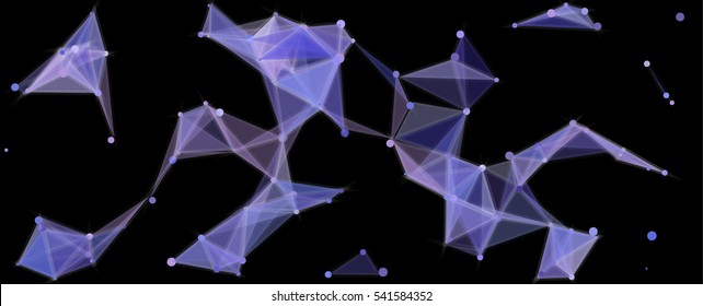 Vector illustration of an abstract plexus structure forming a geometric pattern on a black background. Network connection between dots and lines. Randomly distributed triangles of different sizes