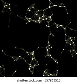 Vector illustration of an abstract plexus structure forming a geometric pattern on a black background. Network connection between dots and lines