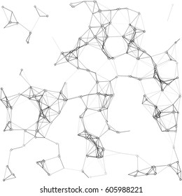 Vector illustration of an abstract plexus structure forming a geometric pattern on a white background. Network connection between dots and lines. Randomly distributed triangles of different sizes