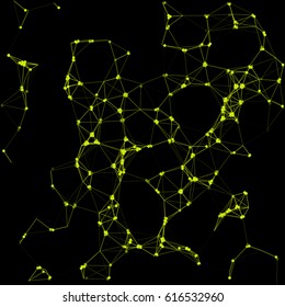 Vector illustration of an abstract plexus structure forming a geometric pattern on a black background. Virus network connection between dots and lines