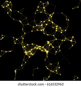 Vector illustration of an abstract plexus structure forming a geometric pattern on a black background. Virus network connection between dots and lines