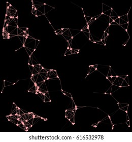 Vector illustration of an abstract plexus structure forming a geometric pattern on a black background. Virus network connection between dots and lines