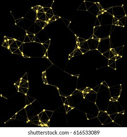 Vector illustration of an abstract plexus structure forming a geometric pattern on a black background. Virus network connection between dots and lines