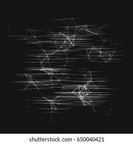 Vector illustration of an abstract plexus structure with glitch effect on a black background. Network connection between dots and lines.