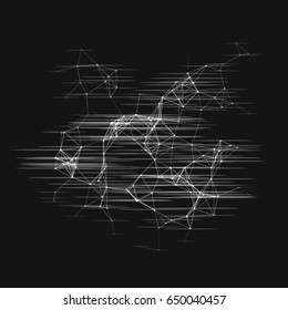 Vector illustration of an abstract plexus structure with glitch effect on a black background. Network connection between dots and lines.