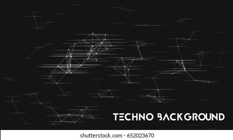 Vector illustration of an abstract plexus structure with glitch effect on a black background. Network connection between dots and lines.