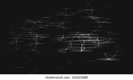 Vector illustration of an abstract plexus structure with glitch effect on a black background. Network connection between dots and lines.
