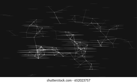 Vector illustration of an abstract plexus structure with glitch effect on a black background. Network connection between dots and lines.