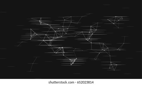 Vector illustration of an abstract plexus structure with glitch effect on a black background. Network connection between dots and lines.