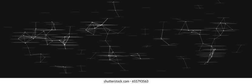 Vector illustration of an abstract plexus structure with glitch effect on a black background. Network connection between dots and lines. Suitable for use as a backdrop of the website header