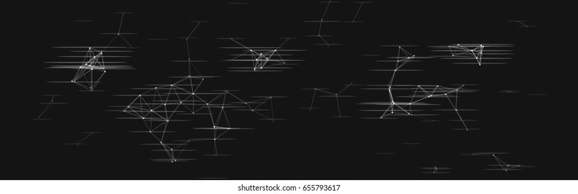 Vector illustration of an abstract plexus structure with glitch effect on a black background. Network connection between dots and lines. Suitable for use as a backdrop of the website header