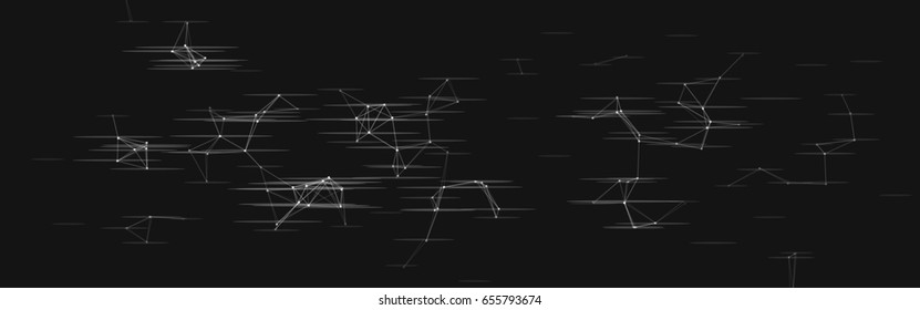 Vector illustration of an abstract plexus structure with glitch effect on a black background. Network connection between dots and lines. Suitable for use as a backdrop of the website header
