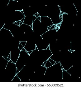 Vector illustration of an abstract plexus structure forming a geometric pattern on a black background. Network connection between dots and lines