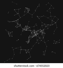 Vector illustration of an abstract plexus structure forming a geometric pattern on a black background. Network connection between dots and lines