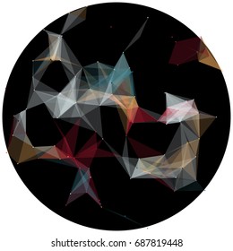 Vector illustration of an abstract plexus structure forming a geometric pattern on a black background. Network connection between dots and lines. Randomly distributed triangles of different sizes