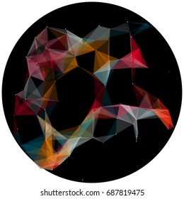 Vector illustration of an abstract plexus structure forming a geometric pattern on a black background. Network connection between dots and lines. Randomly distributed triangles of different sizes