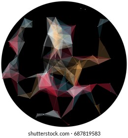 Vector illustration of an abstract plexus structure forming a geometric pattern on a black background. Network connection between dots and lines. Randomly distributed triangles of different sizes