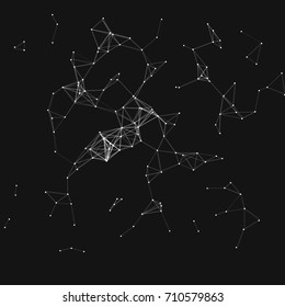 Vector illustration of an abstract plexus structure forming a geometric pattern on a black background. Network connection between dots and lines