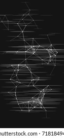 Vector illustration of an abstract plexus structure with glitch effect on a black background. Network connection between dots and lines.