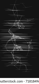 Vector illustration of an abstract plexus structure with glitch effect on a black background. Network connection between dots and lines.
