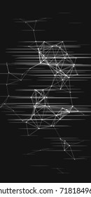 Vector illustration of an abstract plexus structure with glitch effect on a black background. Network connection between dots and lines.