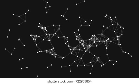 Vector illustration of an abstract plexus structure forming a geometric pattern on a black background. Network connection between dots and lines