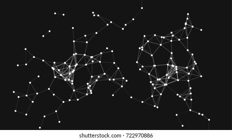 Vector illustration of an abstract plexus structure forming a geometric pattern on a black background. Network connection between dots and lines