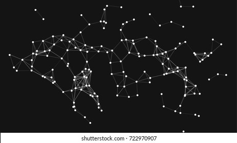 Vector illustration of an abstract plexus structure forming a geometric pattern on a black background. Network connection between dots and lines