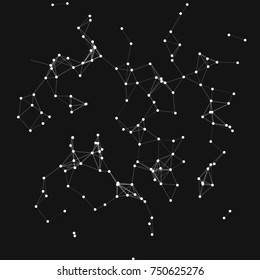 Vector illustration of an abstract plexus structure forming a geometric pattern on a black background. Network connection between dots and lines