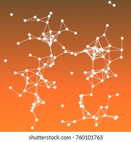 Vector illustration of an abstract plexus structure forming a geometric pattern reminding a constellation on a colorful background. Network connection between dots and lines