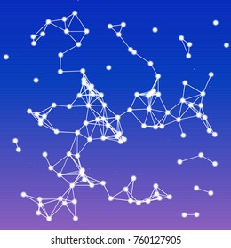 Vector illustration of an abstract plexus structure forming a geometric pattern reminding a constellation on a colorful background. Network connection between dots and lines