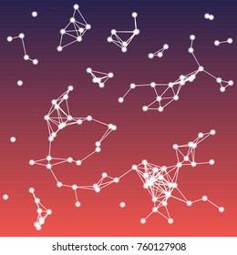Vector illustration of an abstract plexus structure forming a geometric pattern reminding a constellation on a colorful background. Network connection between dots and lines