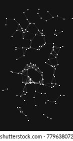 Vector illustration of an abstract plexus structure forming a geometric pattern on a black background. Network connection between dots and lines