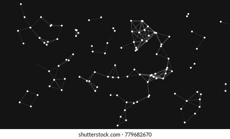 Vector illustration of an abstract plexus structure forming a geometric pattern on a black background. Network connection between dots and lines