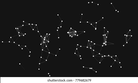 Vector illustration of an abstract plexus structure forming a geometric pattern on a black background. Network connection between dots and lines