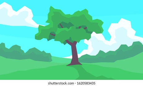 vector illustration abstract polygon landscape lonely tree plain field cloud forest at the day