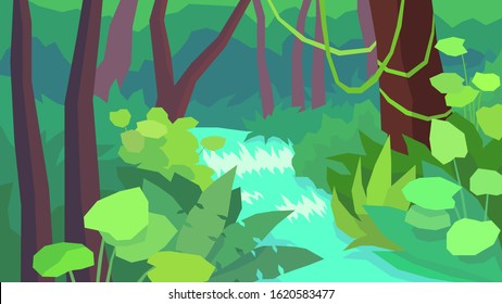 vector illustration abstract polygon landscape jungle river dense thicket fern vine tree forest at the day