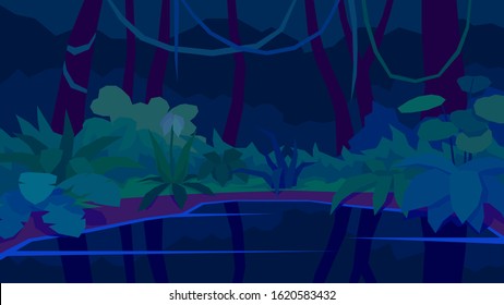 vector illustration abstract polygon night landscape lake reflection jungle dense thicket fern vine tree forest