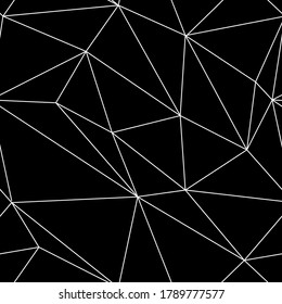 Vector illustration of an abstract polygonal seamless pattern. Triangular white outlines on a black background.