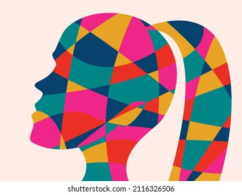 Vector illustration - abstract portrait of a young beautiful woman with a ponytail of hair in profile in the style of a multi-colored mosaic isolated close-up