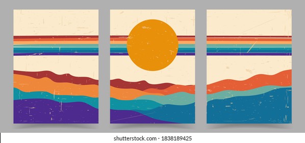 Vector illustration. Abstract poster set. Contemporary backgrounds. Colorful rainbow. Design elements for book cover, page template, print, card, brochure, magazine, poster. 60s, 70s retro graphic