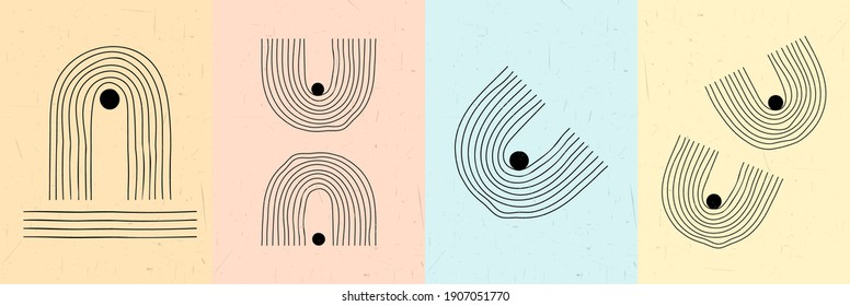 Ilustración vectorial. Conjunto de afiches abstractos. Antecedentes contemporáneos. Decoración de la pared de mediados del siglo. Elementos de diseño para portada de libros, plantilla de página, impresión, tarjeta, folleto, revista, afiche. gráfico de los años 60 y 70.